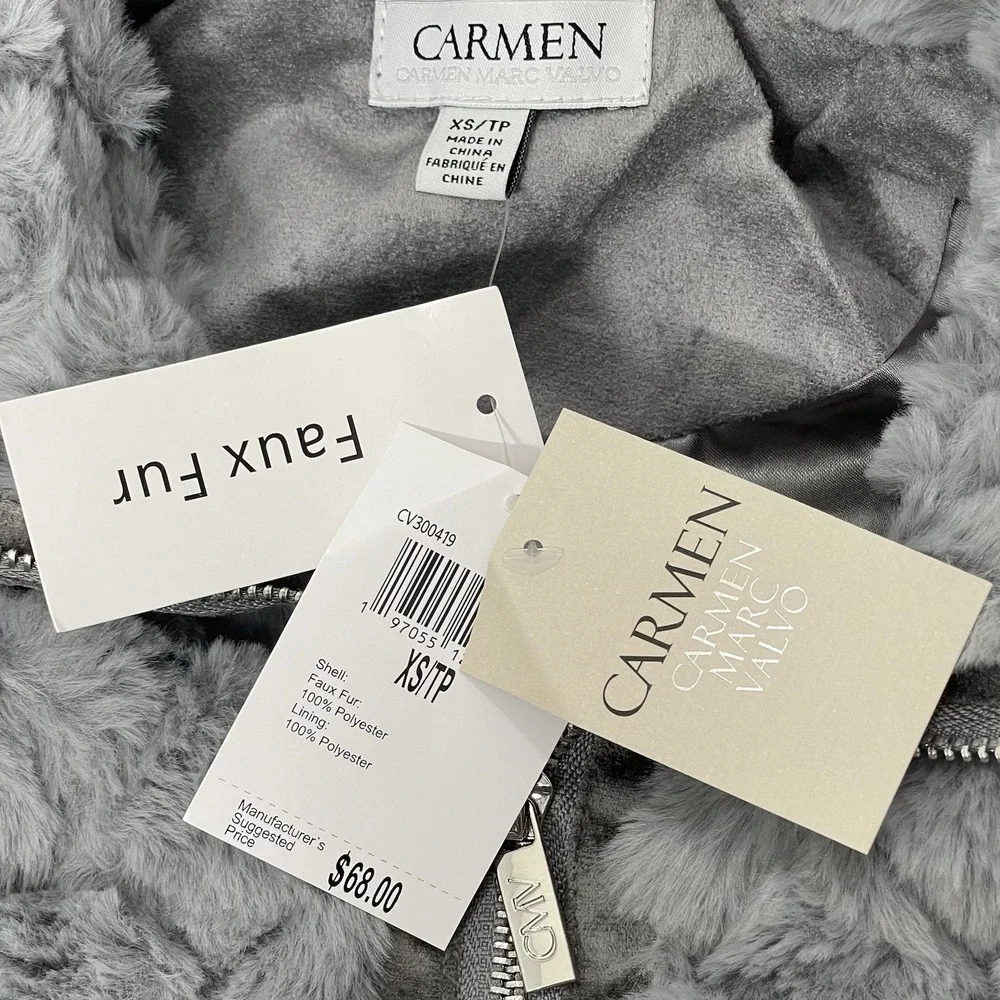 Carmen Marc Valvo Women's XS New Gray Full Zip Faux Fur Quilted‎ Lined Cozy Vest